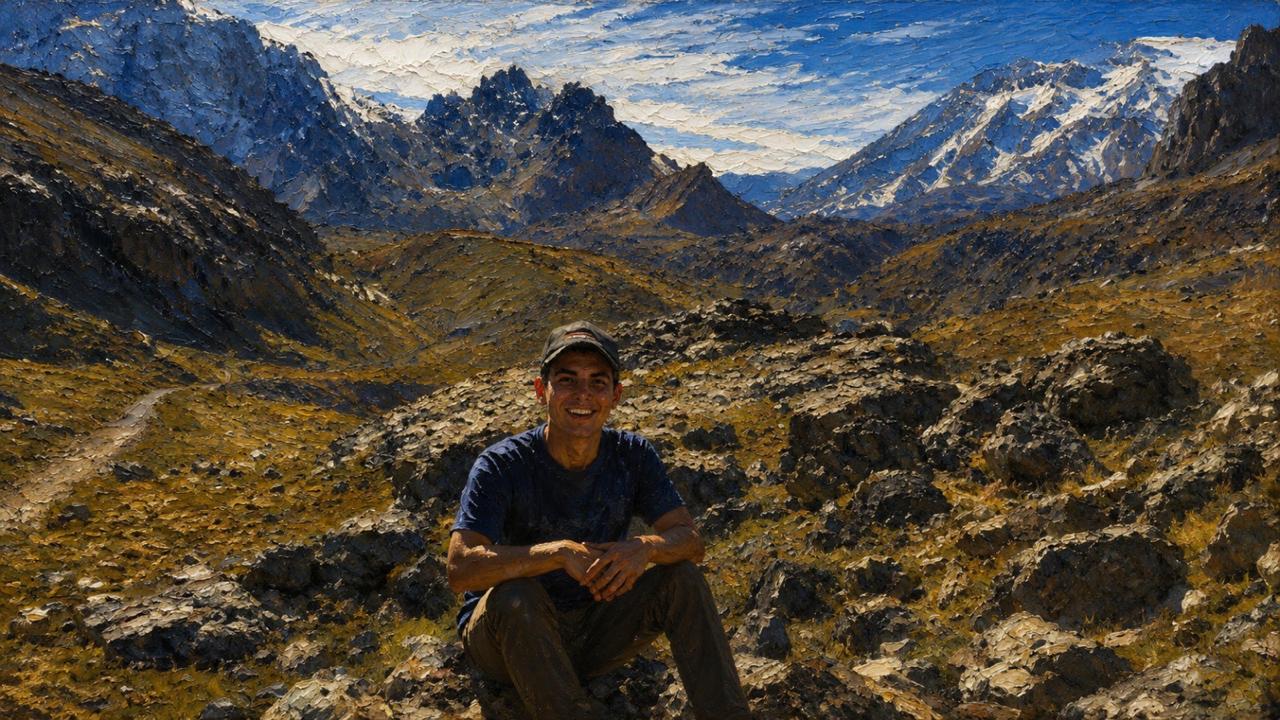 Esteban Mathiew sonriendo en la montaña, con picos nevados y cielo azul de fondo
